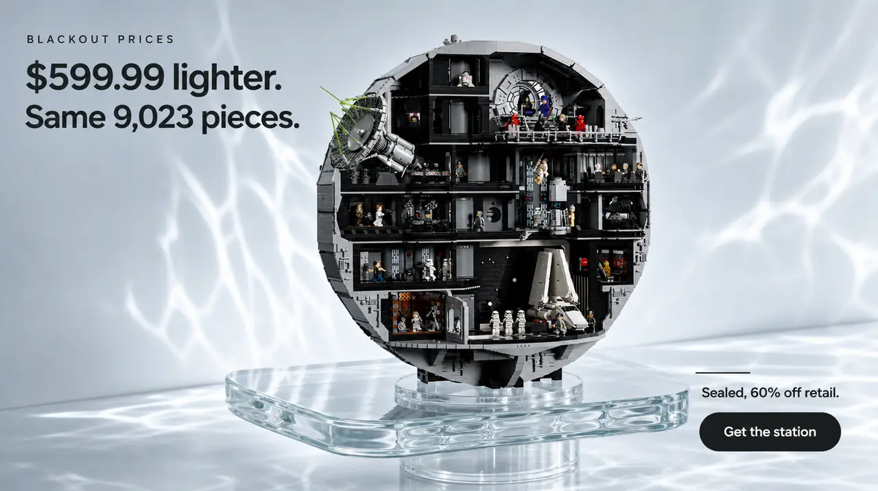 Blackout prices. $599.99 lighter. Same 9,023 pieces. The LEGO Death Star, sealed, 60% off retail.